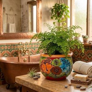 Talavera Planter Hand Painted Mexican Pottery, Large Colorful Flower Pot